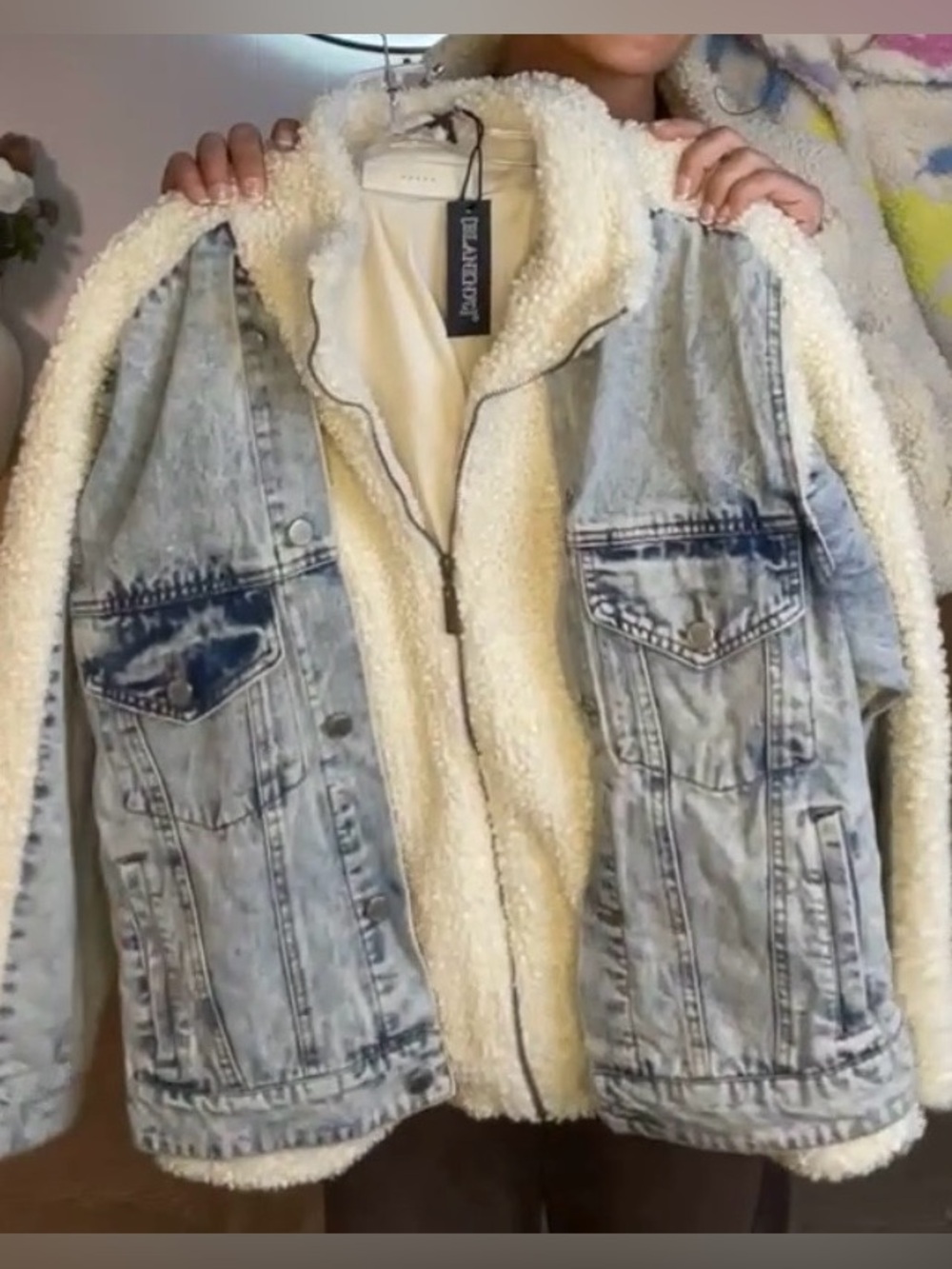 Blank NYC Light Blue Denim and cream Sherpa Jacket with Cream Lining
